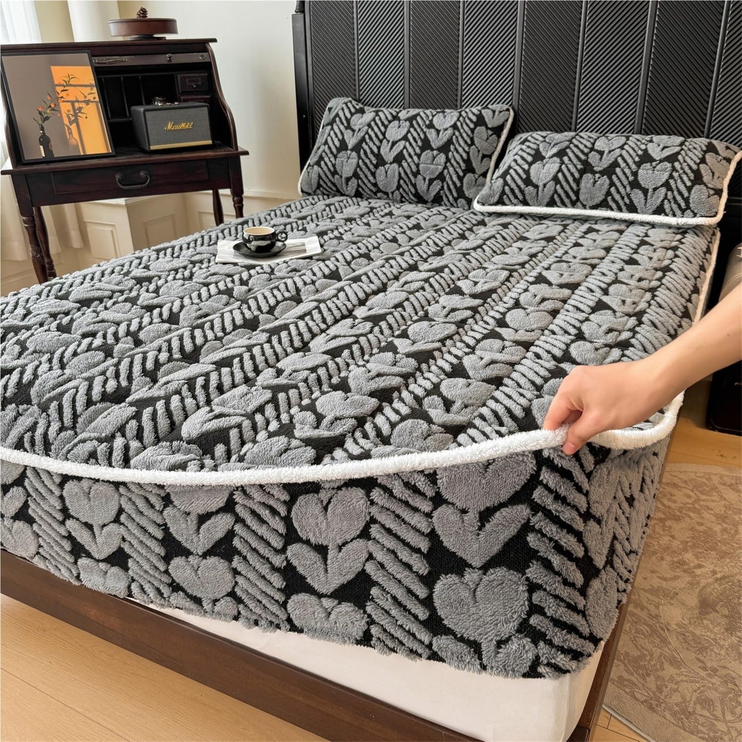 Elastic Bed Sheets, Plush Fluffy Velvet Fitted Sheet, Super Warm Winter Bottom Sheet with 11" Deep Pockets, Machine Washable and Non-Fade(I,2*Pillow Cover)