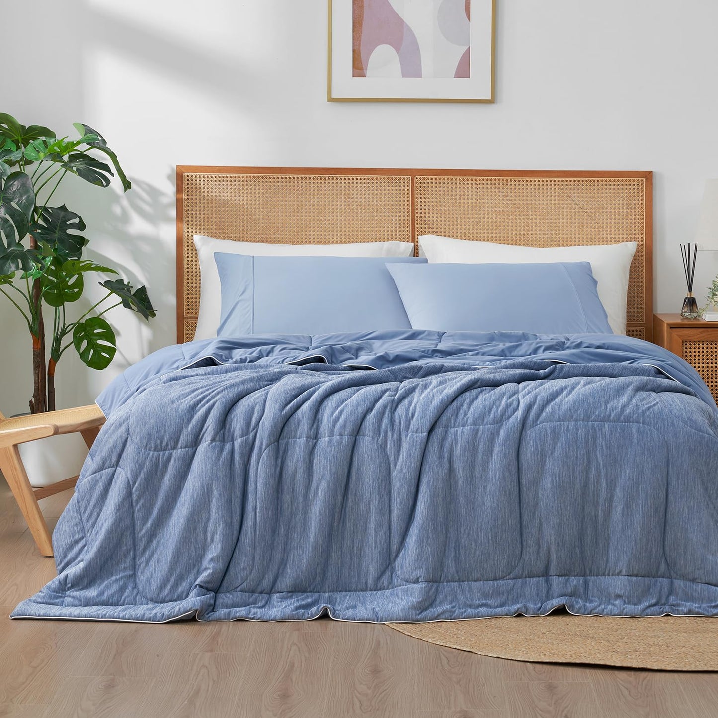 Amélie Home Cooling Comforter Queen Size, Dual-Sided Lightweight Cooling Blanket for Hot Sleepers, Q-Max 0.43 Breathable Cooling Quilt for Night Sweats, 90" x 90", Heather Denim Blue