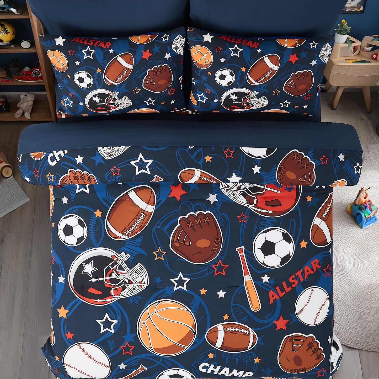 Wink Deer Full Size Comforter Set for Boys-7 Pieces Sports Ball Games Glow in the Dark Full Bedding Sets for Kids, Ultra Soft Bed in A Bag with Sheets