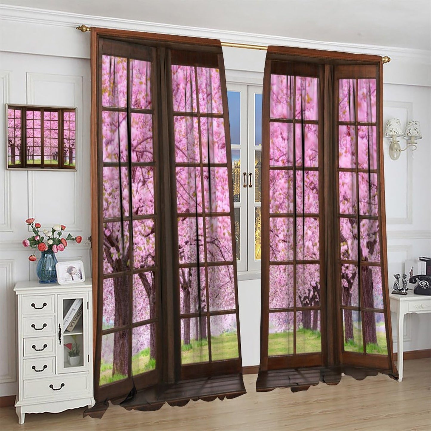 Mchenxin Cherry Blossom Landscape Curtains, Spring Natural Park Scenery Japanese Pink Pink Cherry Blossom Window Drapes Curtains for Farmhouse Bedroom Living Room, 42x45in (No Blackout)