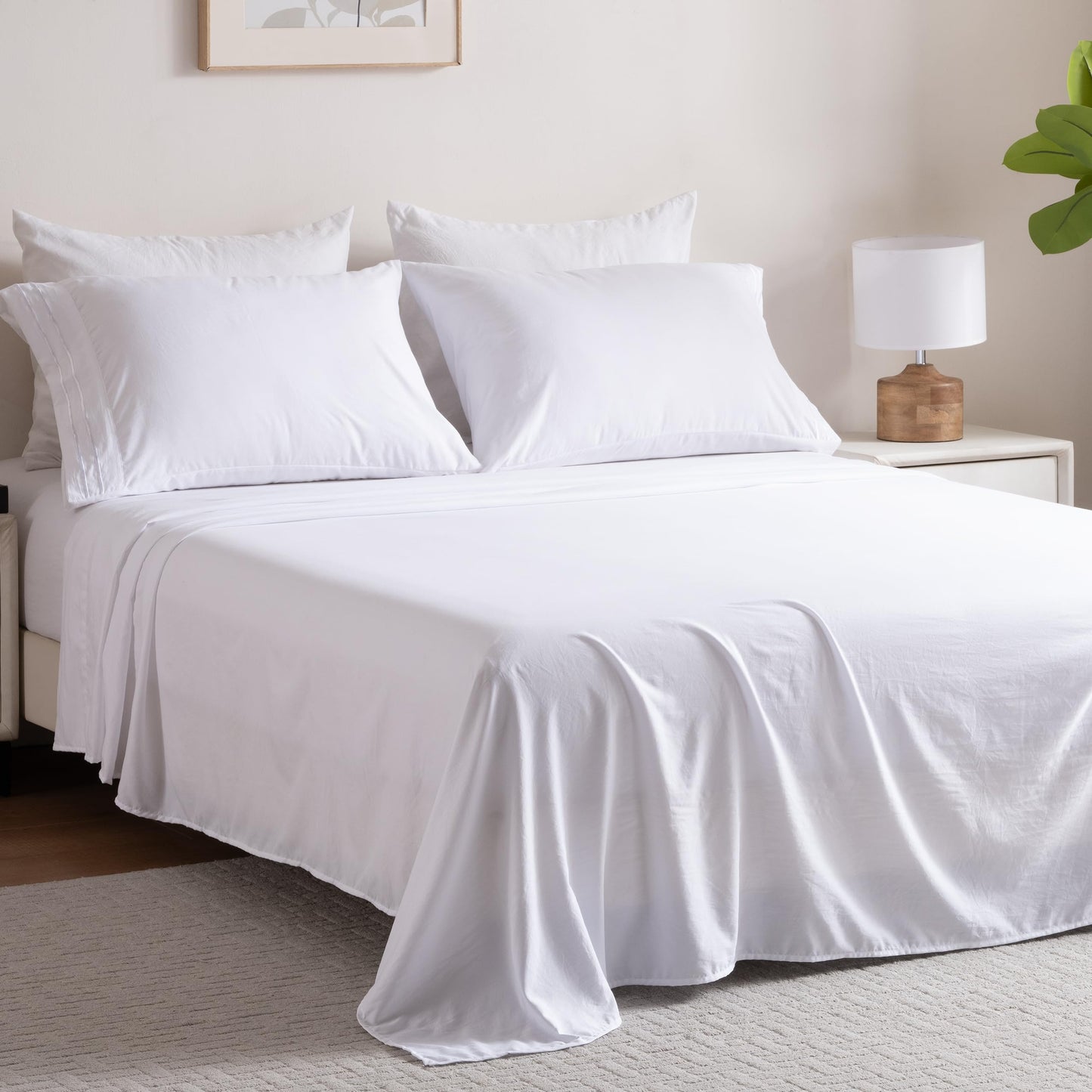 3 Piece Washed Ultra Soft Twin Bed Sheet Set,16inches Deep Pocket White Fitted Sheet Twin Size & Flat Sheet & Pillowcase, Prewashed Brushed Microfiber - Breathable, Fade Resistant,Easy Care