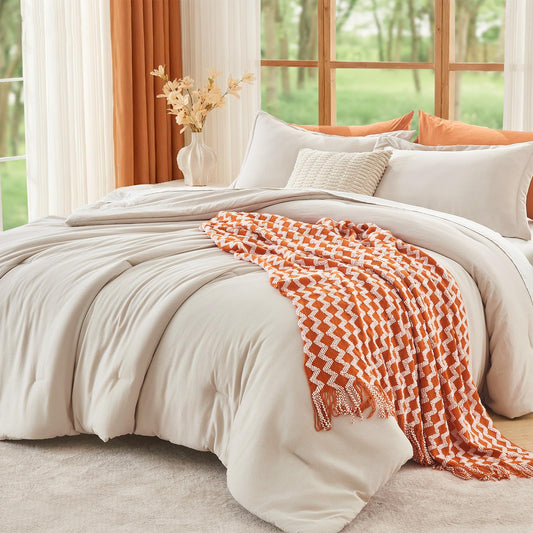 MUXHOMO Queen Size Comforter Set Beige, 3 Piece Solid Bedding for All Seasons, Warm Down Alternative Bed Set Includes 1 Lightweight Comforter (90"x90") and 2 Pillowshams (20"x26")