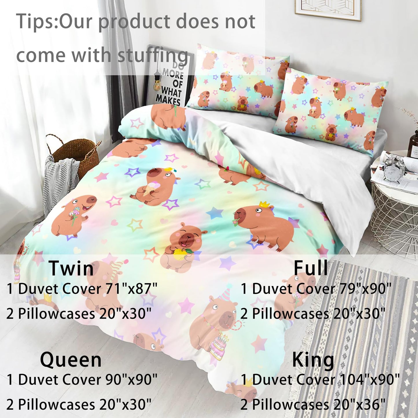 AILONEN Kawaii Capybara Duvet Cover Set Full Size,Cute Cartoon Capybara Rainbow Bedding Set for Girls Kids,Lovely Animal Star Quilt Cover & 2 Pillowcases-3 Pieces