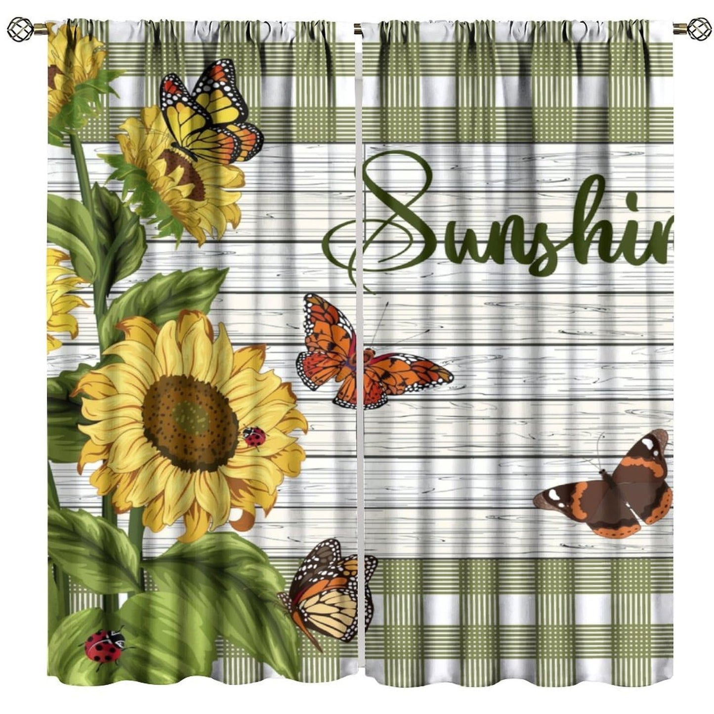 Spring Sunflower Curtains Rustic Plant Helianthus Yellow Flower Butterfly Pattern Rod Pocket Window Treatments for Girls Kids Bedroom Kitchen Living Room 2 Panel Set 41" x 45" (No Blackout)