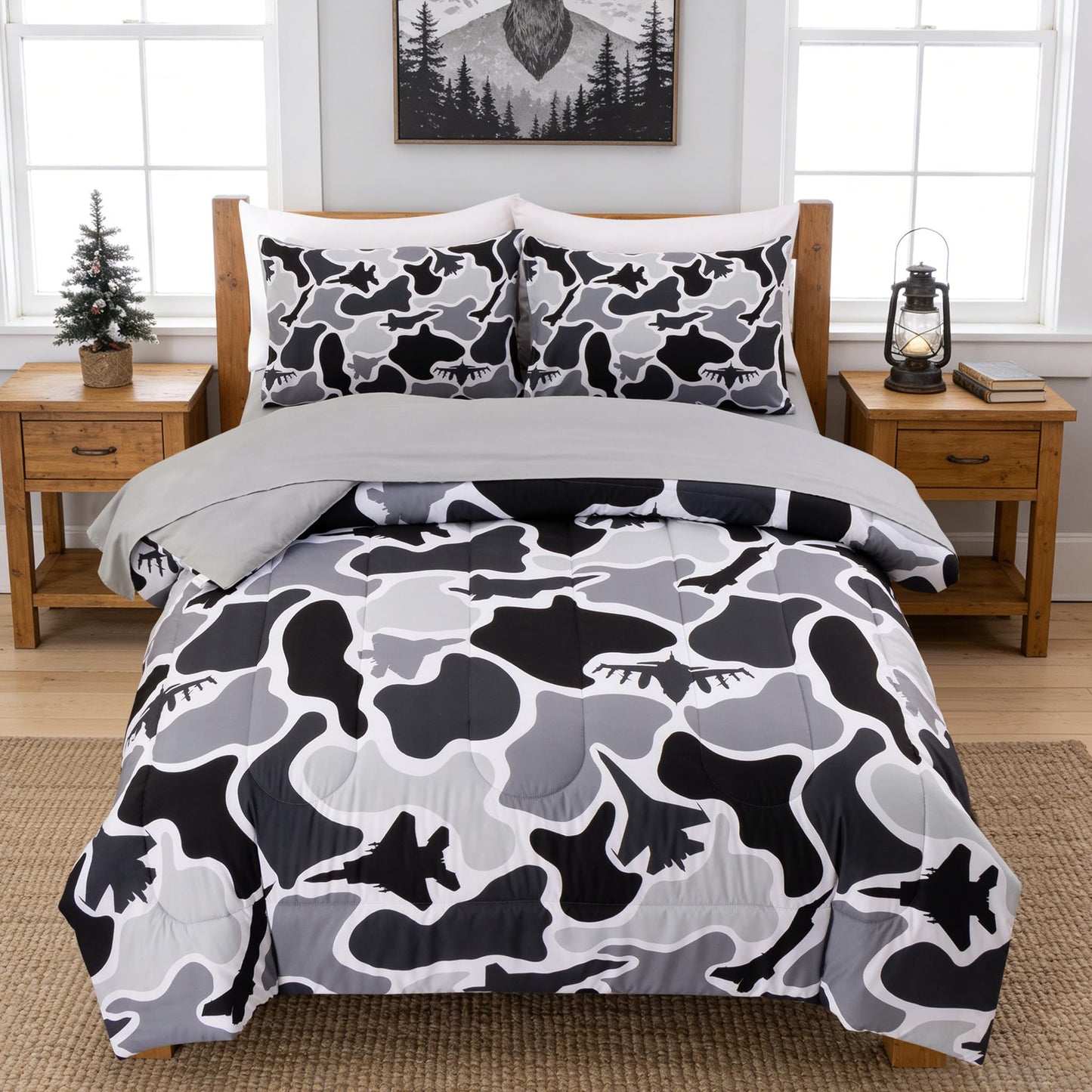 Holawakaka Kids Teens Fighter Jet Camouflage Bedding Set, 5-Piece Queen Size Comforter Set with Sheets, Aircraft & Camo Print Bed in A Bag for Boys, Men's Bedroom, Dorm, Loft