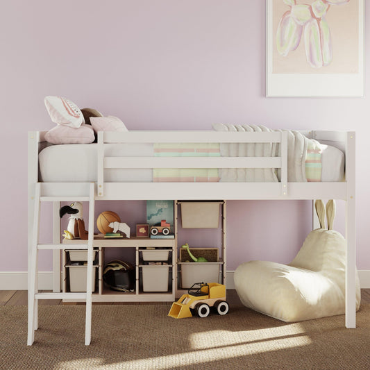 Merax Wood Low Loft Bed with Ladder,Wooden Low Loft Bed with Guardrail for Kids or Teens,Space Saving,No Box Spring Needed,Twin Size, White Color