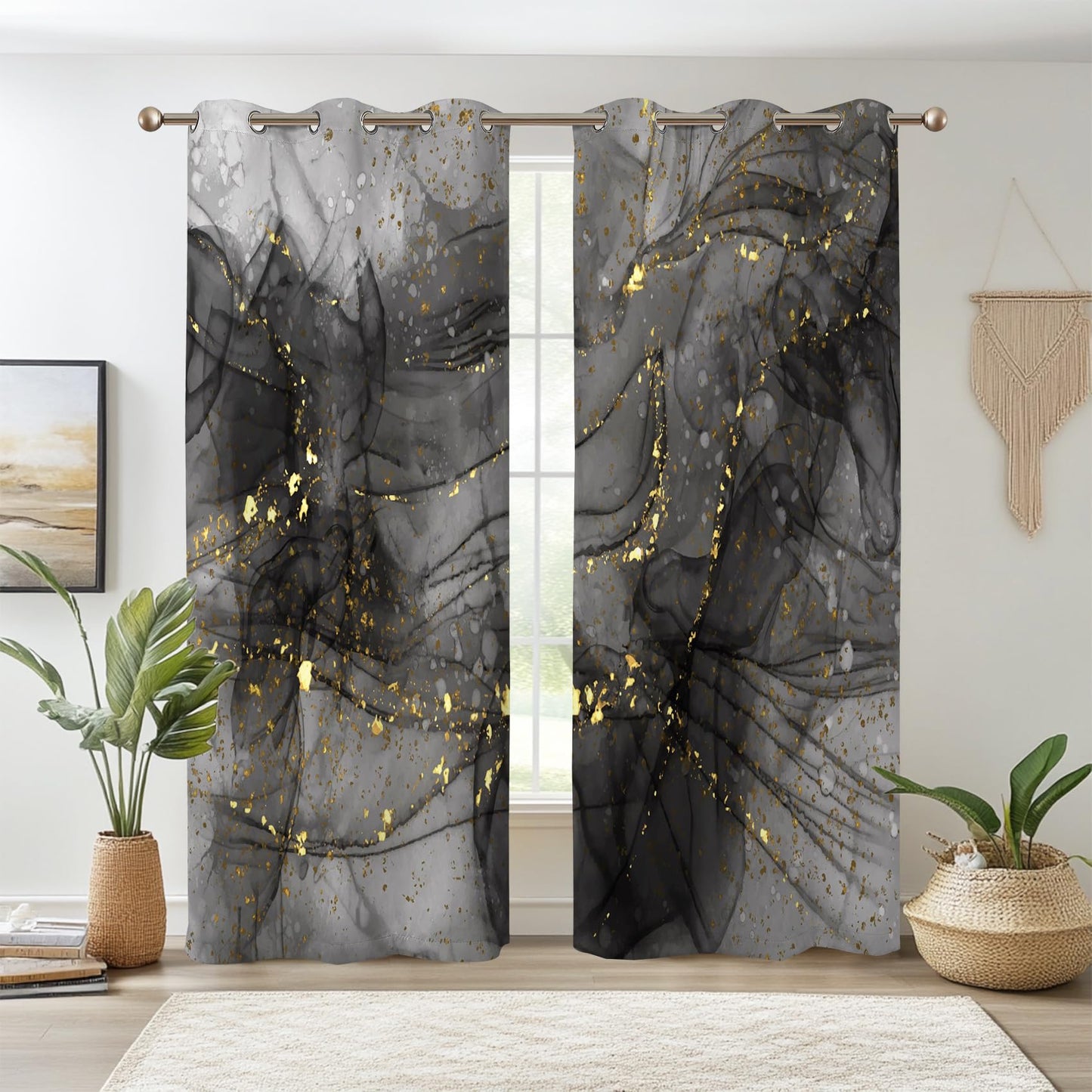 Renaiss Black & Gold Marble Blackout Curtains, Modern Art Gray Ombre Luxury Golden Decorative Window Curtains, Aesthetic Grommet Window Drapes for Bedroom Living Room Set of 2 Panels 42Wx63L inches