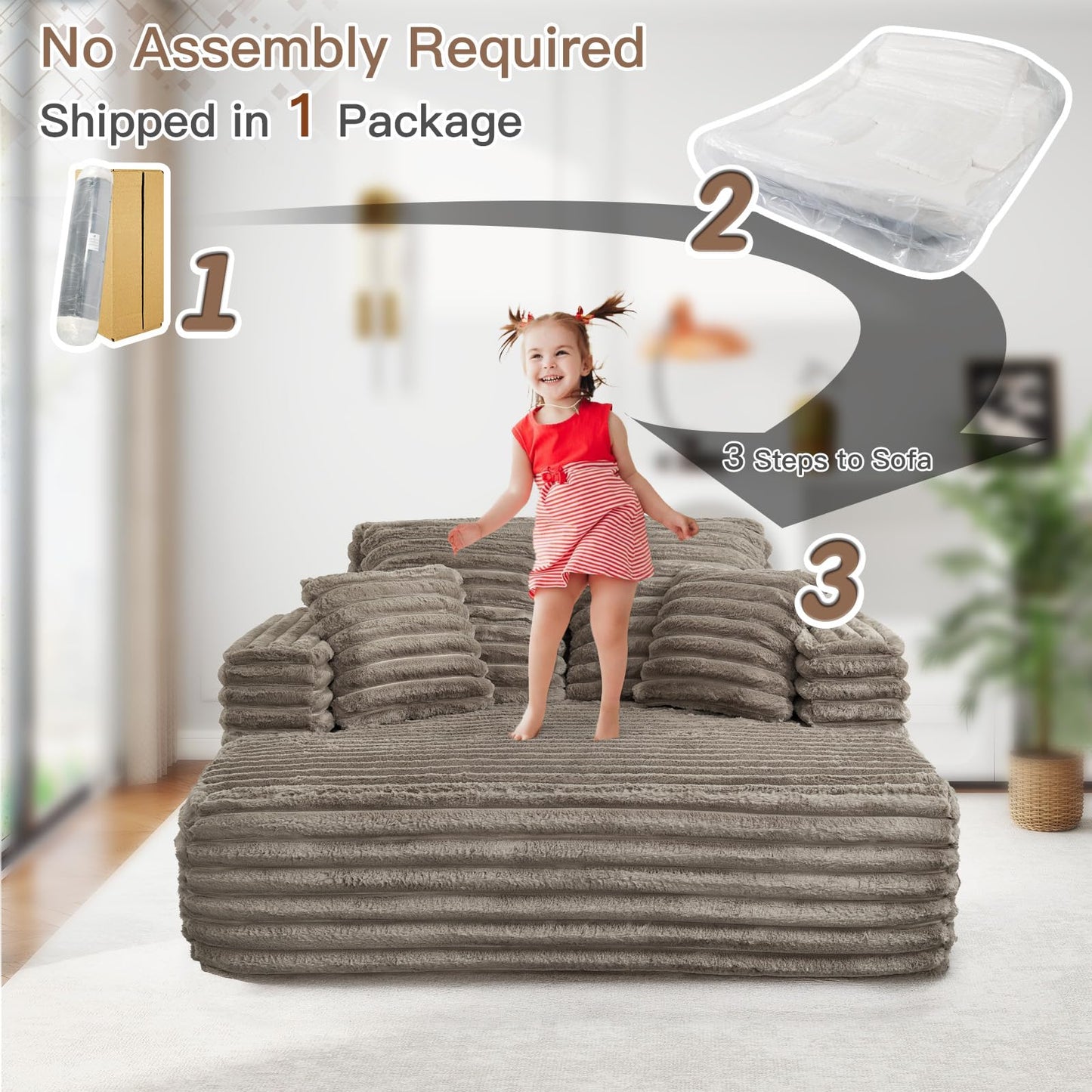 JEEOHEY 56" Oversized Chaise Lounge Chair Indoor,Plush Faux Fur Sleeper Sofa Couch Bed with Pillows&Wide Armrests,Fluffy Comfy Cloud Couch,Compression Foam Couch for Living Room,Bedroom(Brown)