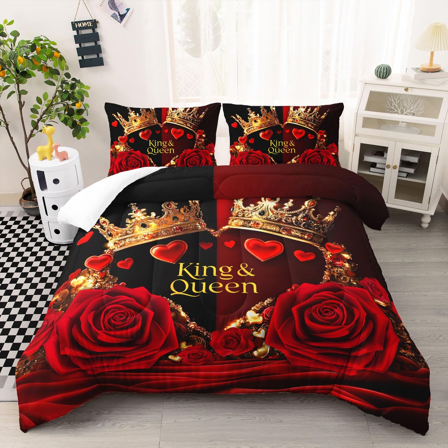 AILONEN Red and Black Rose Comforter Set Queen Size,Glod Crown Couple Bedding Set for Room,Romantic Flower Theme with 2 Pillowcases,3Pcs