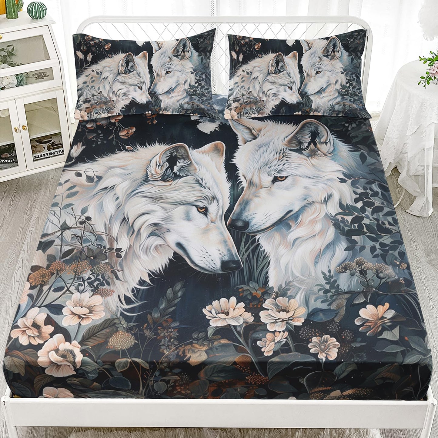 White Wolf Bedding Set Queen Size，Boho Animals Wolf 3D Pattern Bed Sheet Set 16" Deep Pocket, Wolf bedding set for Boys Kids and Adults，Wolf Theme Bed Sheet Set 4 PCS(Fitted + Flat + 2 Pillowcases)