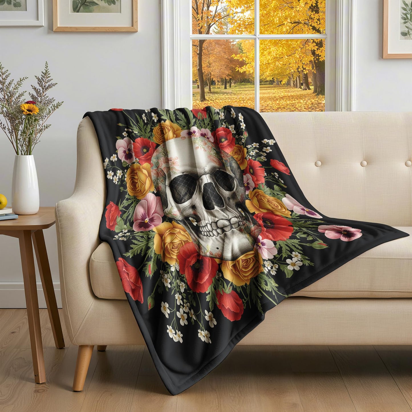 GEDAEUBA Skull Gifts for Women - Skeleton and Floral Fleece Blanket Throw, Soft Cozy Blankets & Throws for Couch, Bed, and Sofa, 50x60 inches