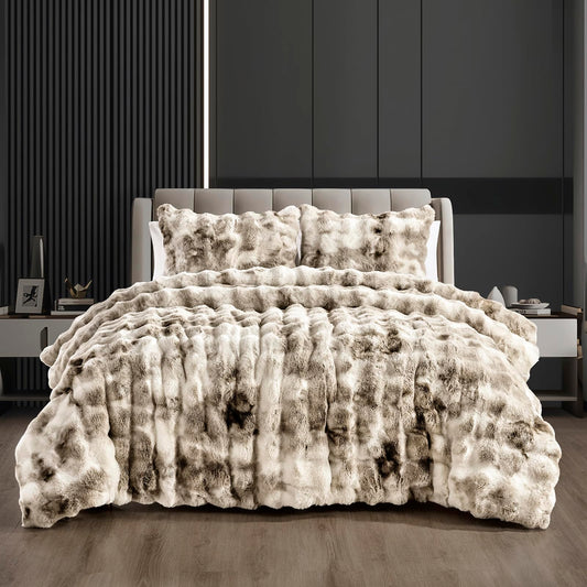 Fredsure Faux Rabbit Fur Comforter Set, 3 Pieces Tie Dye Khaki Queen, Faux Rabbit Fur Face and Microfiber Reverse