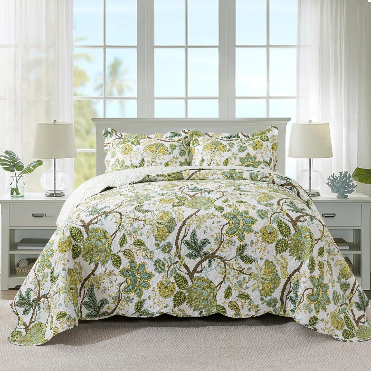Travan 3-Piece Quilt Set Quilted Bedspread Cotton Coverlet Set Floral Oversized Quilted Bedding Set for All Season, White Vine, Queen Size