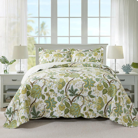 Travan 3-Piece Quilt Set Quilted Bedspread Cotton Coverlet Set Floral Oversized Quilted Bedding Set for All Season, White Vine, Queen Size
