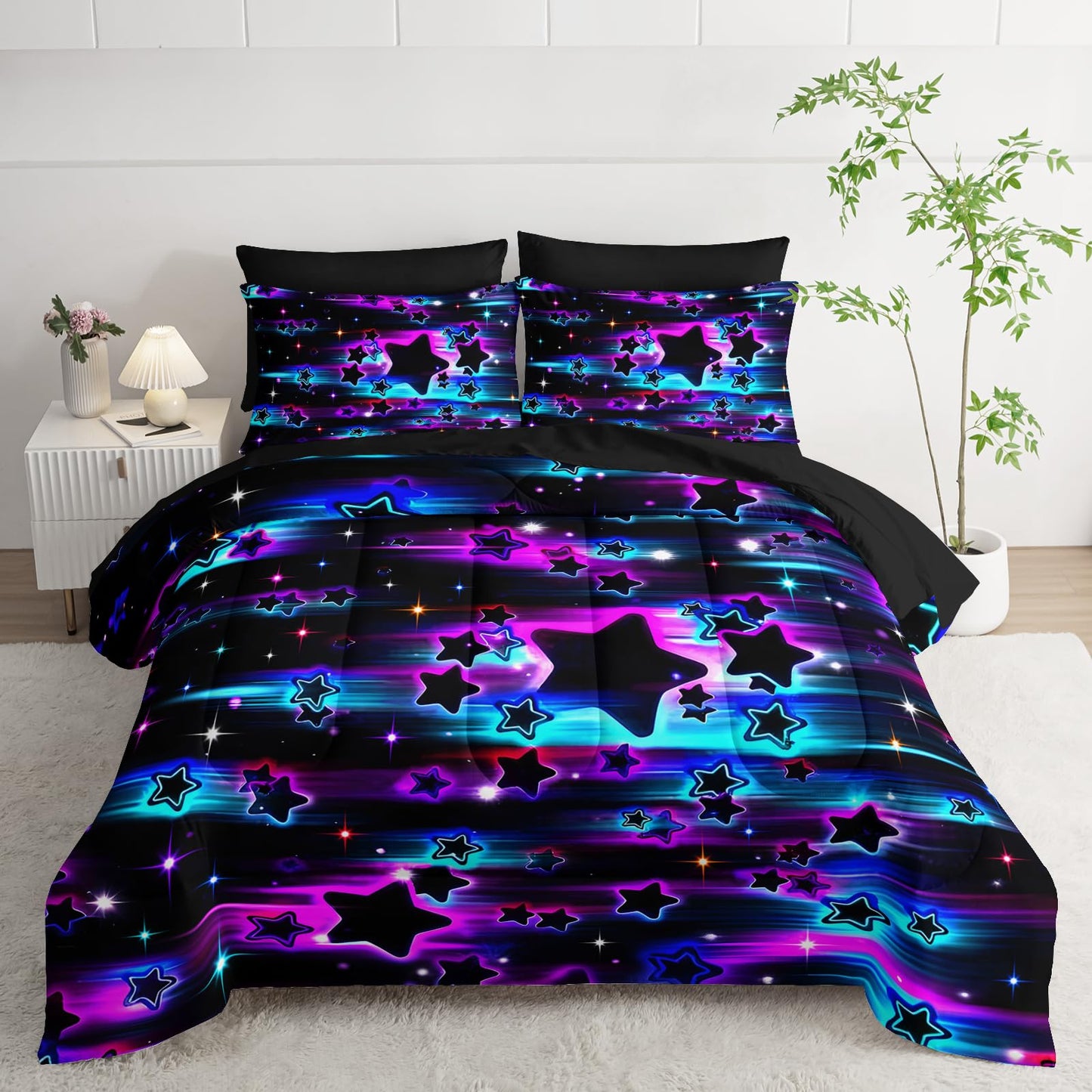 Nttopship Purple Galaxy Bedding Set Full Size 7Pieces,Star Comforter Bed in a Bag Twin Galaxy Printed Space Themed Comforter Set for Girls All Seasons with Pillowcases,Flat, Fitted Sheet