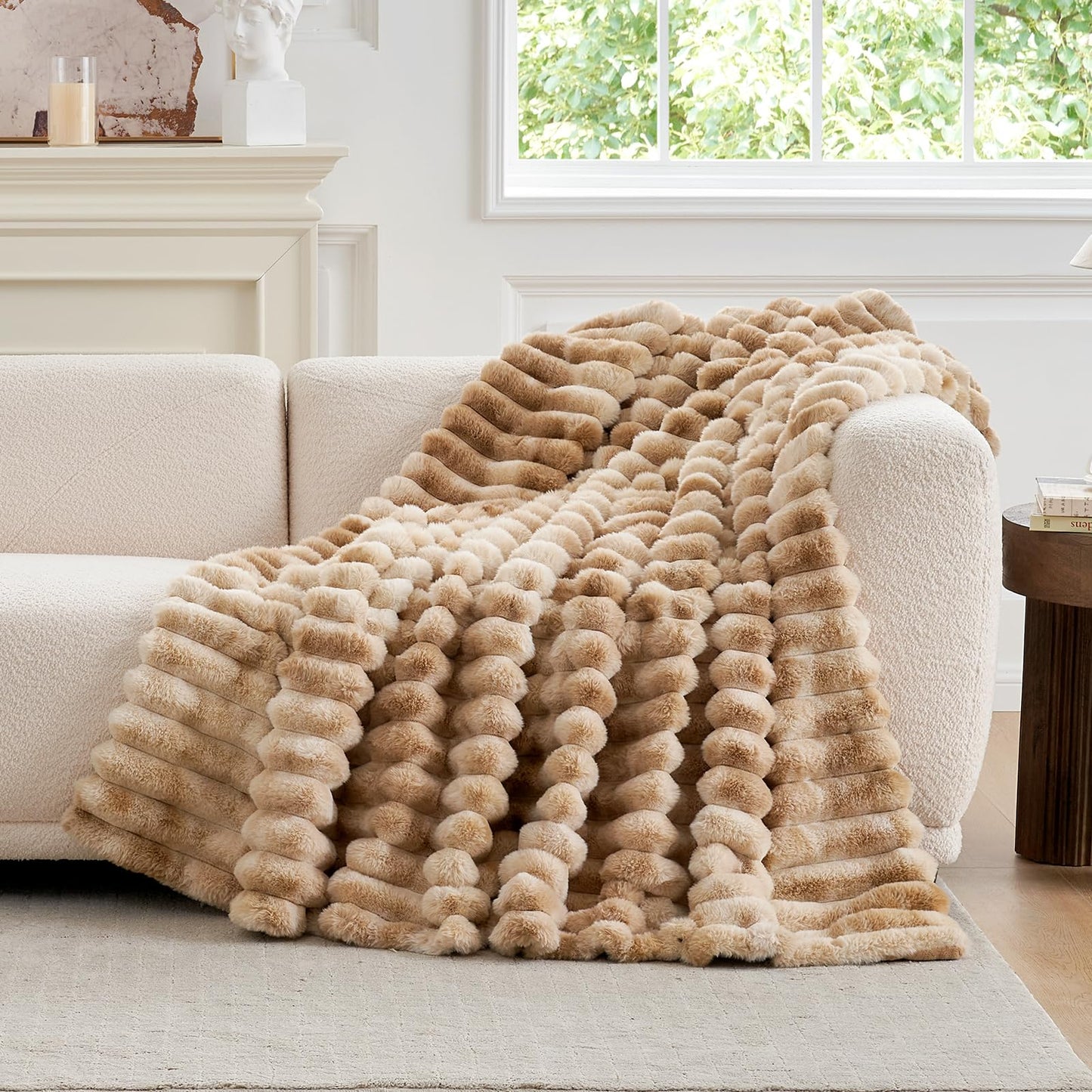 Cozy Bliss Faux Fur Throw Blanket for Couch, Cozy Warm Plush Striped Blanket for Sofa Bedroom Living Room, 50 * 60 Inches Tie-dye Khaki