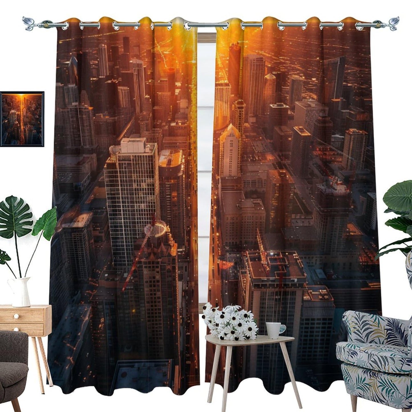 TOWINSFB Fantasy Skyscraper Cityscape Blackout Curtains for Bedroom/Living Room, Sunset Architecture Building Grommet Curtains Thermal Insulated Window Drapes, 2 Panels, Each 21W x 45L
