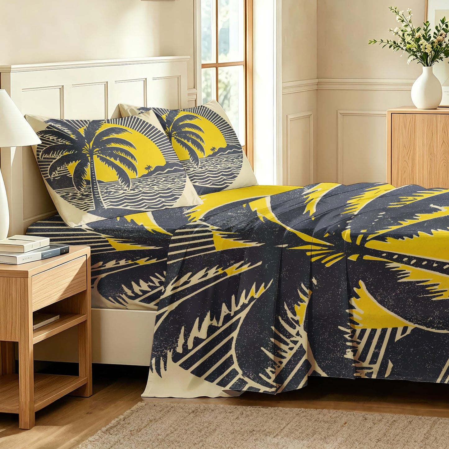 Tropical Palm Tree Bedding Set 4 Pcs Retro 70s Tiki Queen Sheets
