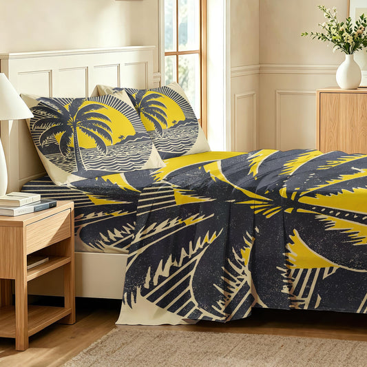 Tropical Palm Tree Bedding Set 4 Pcs Retro 70s Tiki Queen Sheets