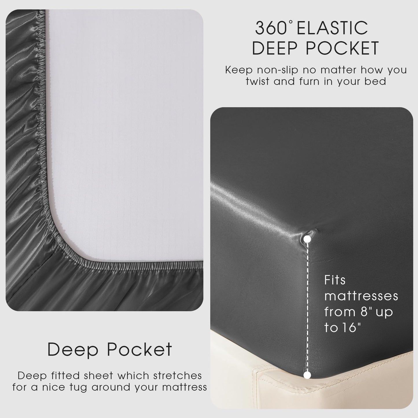 FreshCulture Satin Sheets Full Size - 4 Piece Luxury Soft Silky Full Size Bed Sheets, Similar to Silk Bed Sheet Set with 1 Deep Pocket Fitted Sheet, 1 Flat Sheet & 2 Pillowcases (Dark Grey)