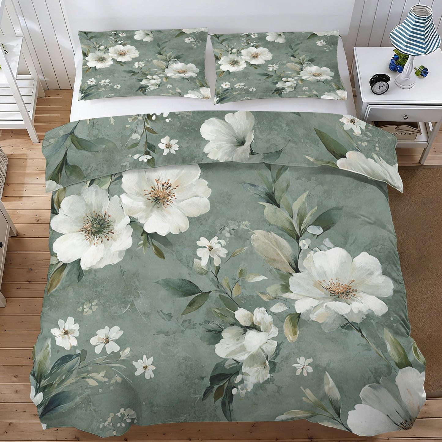 Floral Duvet Cover Queen, Botanical Leaves Bedding Set 3 Piece & 2 Pillowcases, White Flower Bedroom Decor, Reversible Soft Microfiber, Zipper Ties
