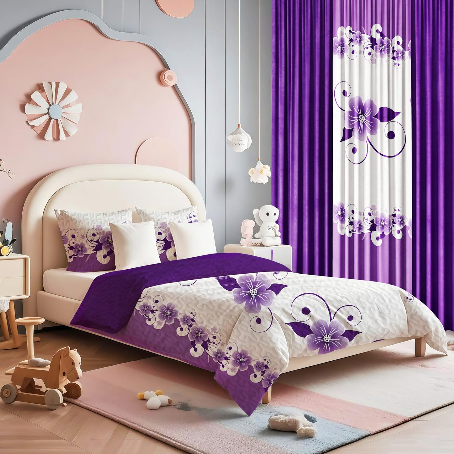 CozyCreatures Vintage Boho Purple White King Light Comforter Set, 9-Piece Bed in a Bag with Curtains, Brushed Microfiber Bedspread Set with Matching Curtains for Master Bedroom, Machine Washable