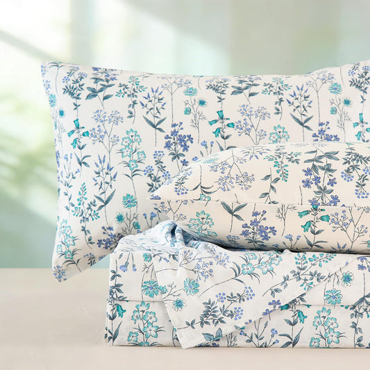 Zusbest Floral Sheets Queen Size 100% Cotton Teal Bed Sheet Set, Soft Breathable for Hot Sleepers, Shabby Vintage Botanical Pattern White Bed Set Deep Pocket 17.5‘’, 4Pcs, Queen