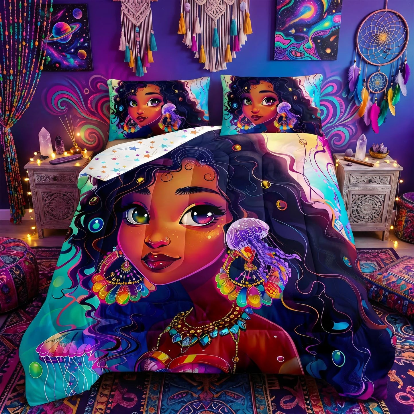 Erosebridal Black Girls Bedding Set Afro Girl Twin Comforter Set for Girls,American African Princess Magical Quilt for Toddler Kids Teenager,Ocean Jellyfish Kawaii Room Decor