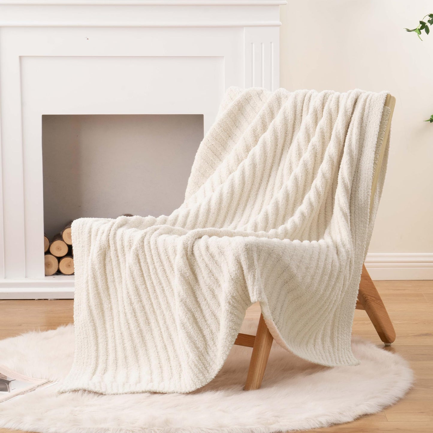 BATTILO White Throw Blanket for Couch, Knit Fuzzy Plush Cream Throw Blankets, Warm Cozy Lightweight Blanket for Bed, Sofa, Home Decor, 50"x60"