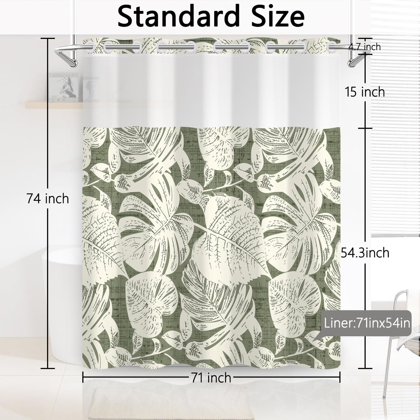 NAEMBCU No Hook Tropical Shower Curtain with Snap in Liner 71x74 Inch