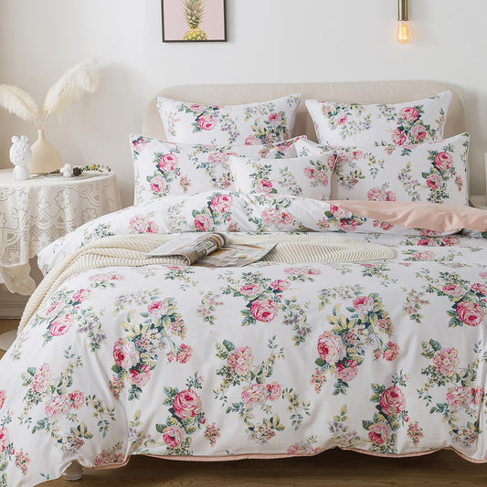 FADFAY Duvet Cover Set Pink Rose Floral Bedding Shabby Peony Flower Quilt Cover Set Vintage Farmhouse Bedding 100% Cotton Soft Comforter Cover Set with Zipper Closure 3Pcs, King/California King Size