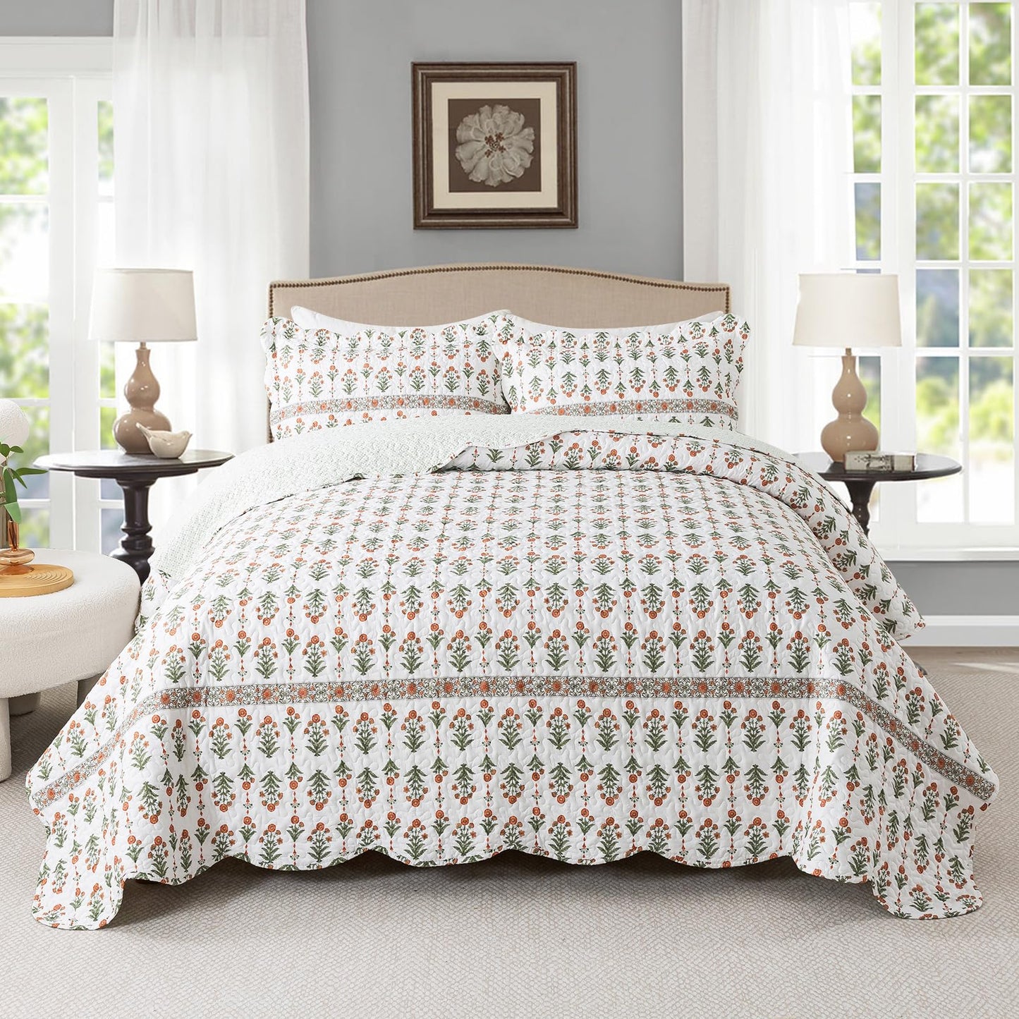 Travan 3-Piece Quilt Set Quilted Bedspread Lightweight Coverlet Set Garden Style Floral Printed Oversized Quilted Bedding Set for All Season, Orange Mirror, King Size