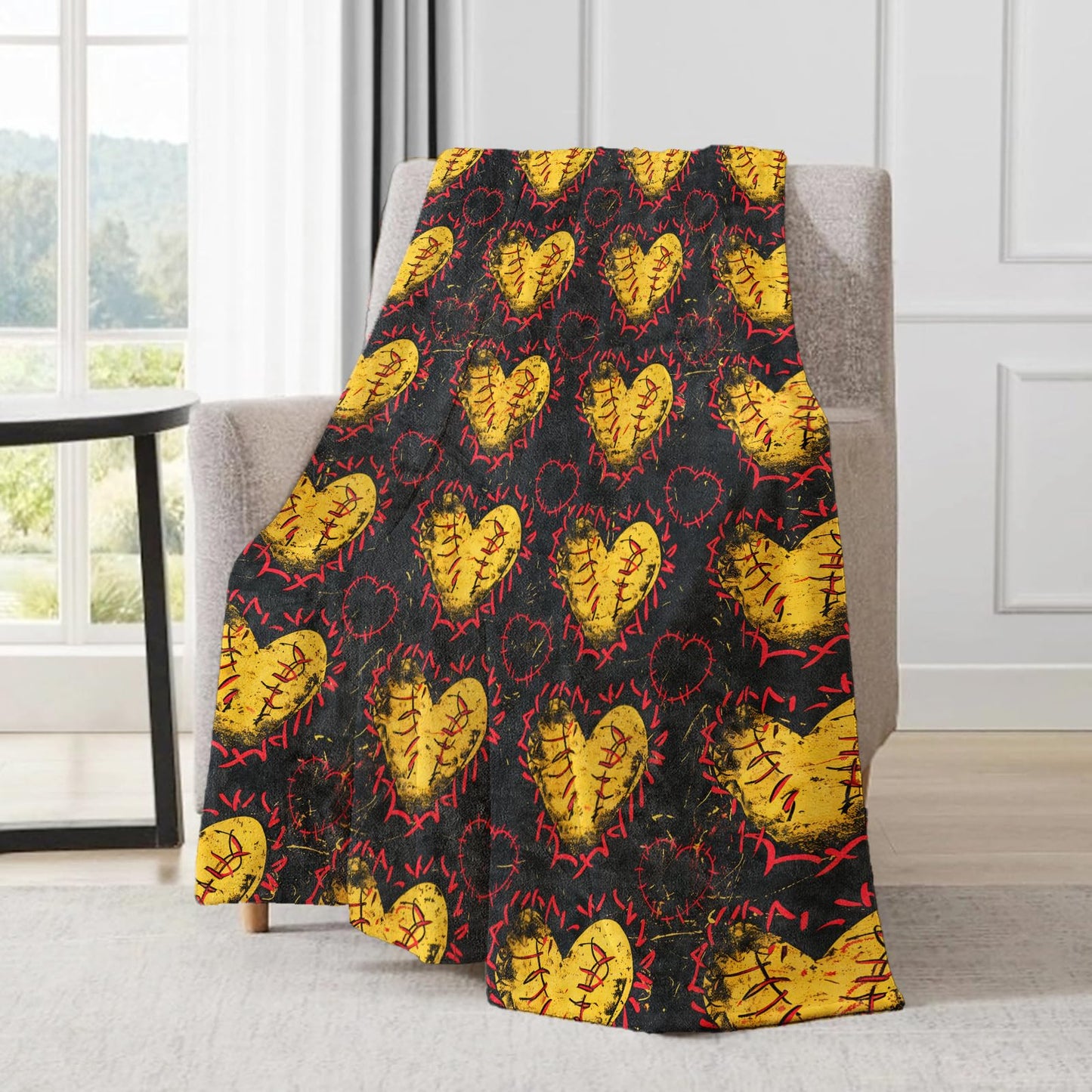 ainori Softball Heart Blanket - Yellow Hearts with Red Stitches Sport Fleece Throw,Gifts for Women Men, Soft & Warm,Lightweight, for Edgy Decor, Art Lovers, and Room Home Accents 50x60in
