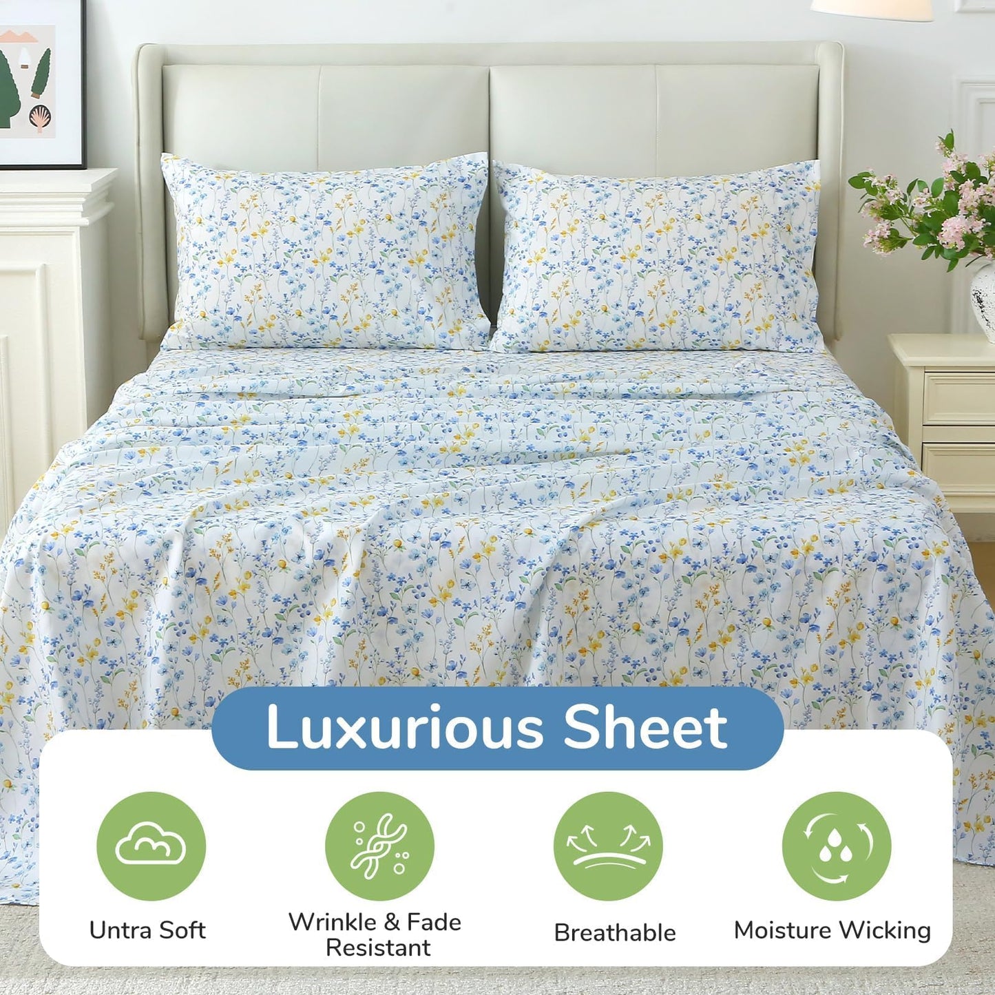MUXHOMO Full Size 4 Piece Sheet Set, Soft Breathable Bed Sheet Set for Bedroom with Deep Pocket Up to 16", Wrinkle-Free & Cooling Bedding for Oeko-TEX Certified - Sweet Blueberry