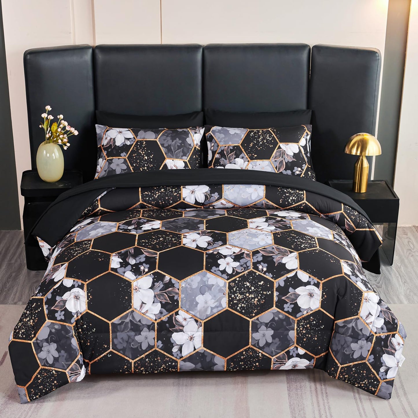 ANGIYUIN Black Gold Full Comforter Sets Floral Print Bedding Sets 7 Pieces Marble Bed in A Bag with Sheets White Flowers Bedding Comforter Sets for Women Men