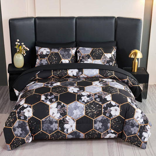 ANGIYUIN Black Gold Full Comforter Sets Floral Print Bedding Sets 7 Pieces Marble Bed in A Bag with Sheets White Flowers Bedding Comforter Sets for Women Men