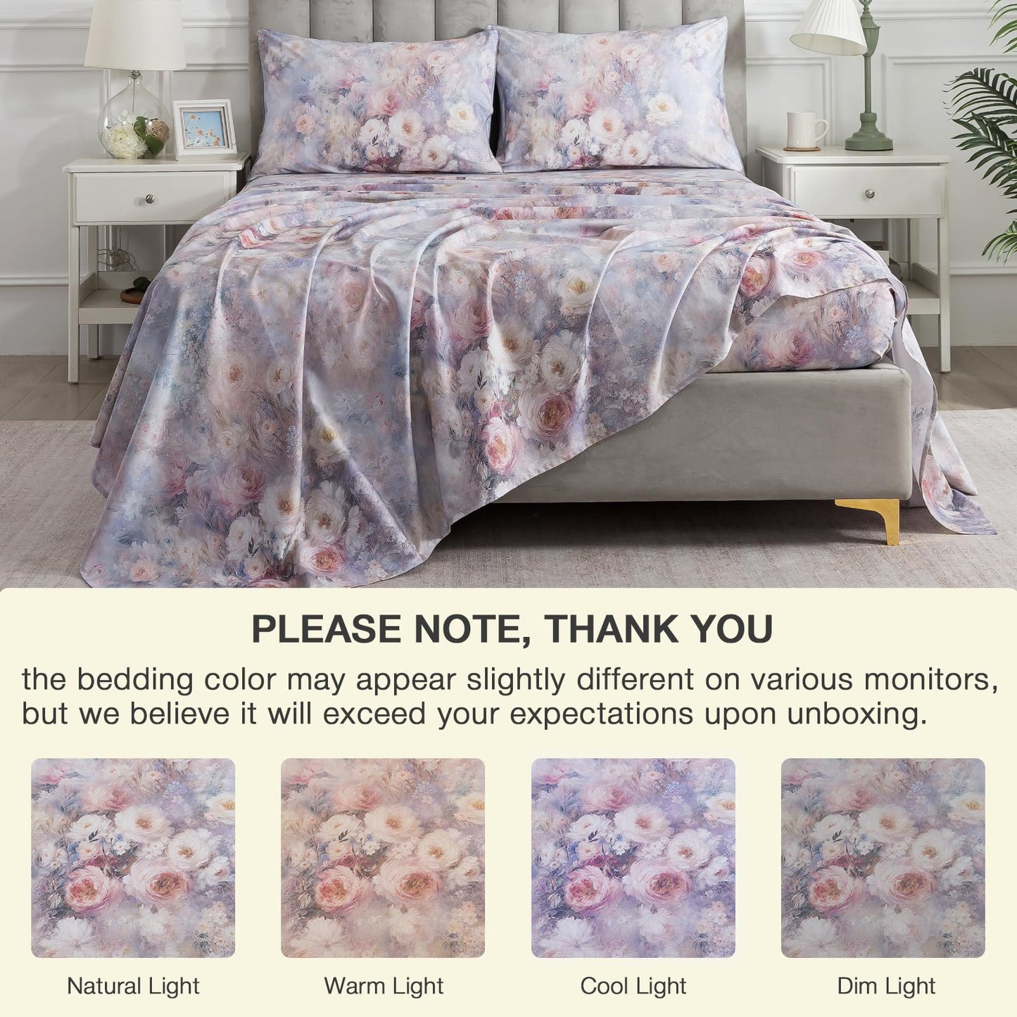 Puralens Vintage Floral Percale Sheets, Queen 100% Cotton Shabby Chic Sheet Set, Soft Crisp Purple Flower Bed Sheets, Cozy House Bedding, Deep Pocket Fitted Sheet, White Pink Rose Patterned, 4Pcs