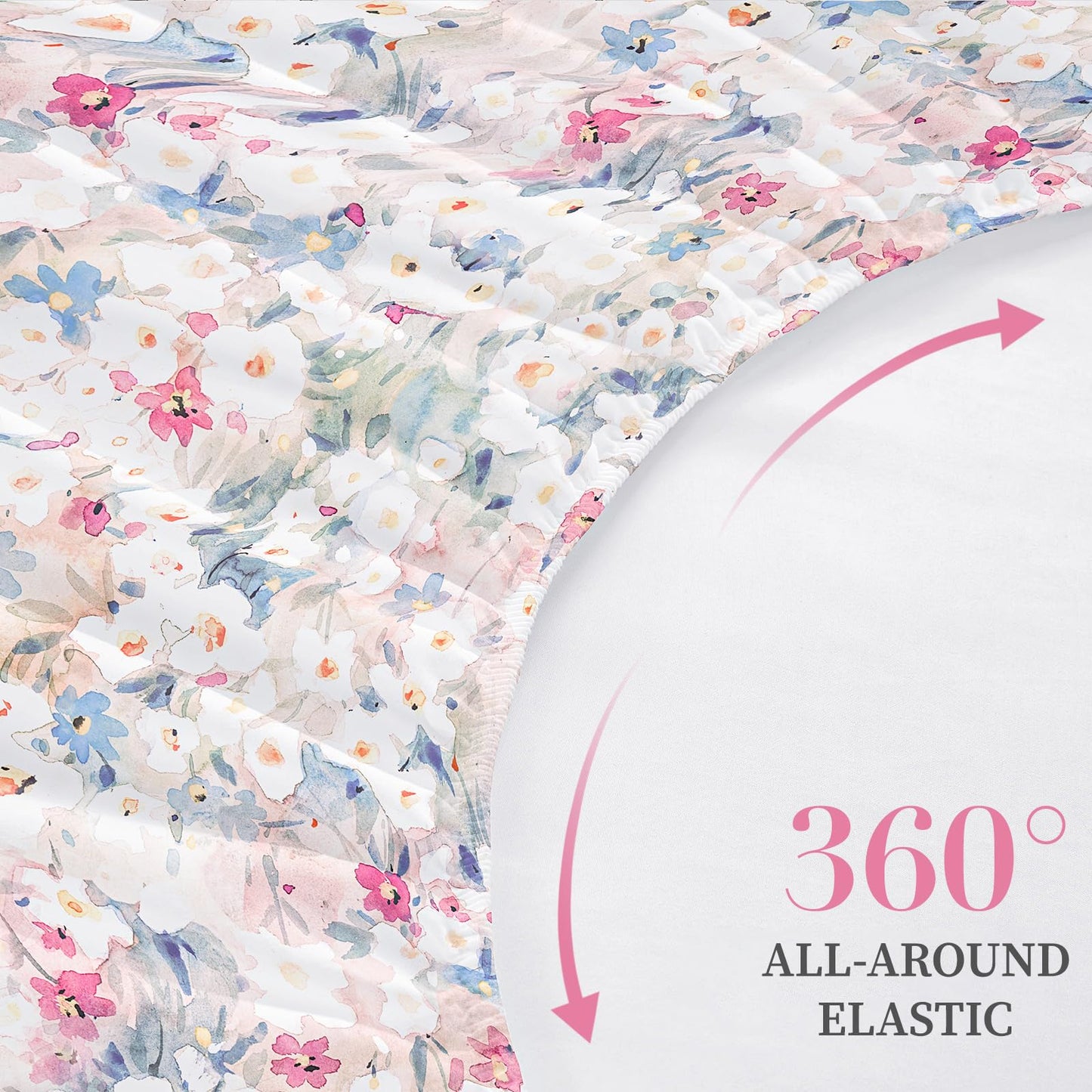 HCORA Floral Fitted Sheet with Pillow Cases, 100% Brushed Microfibre Deep Pocket Fitted Bottom Sheet, Ultra Soft, Shrinkage and Fade Resistant, Full Size