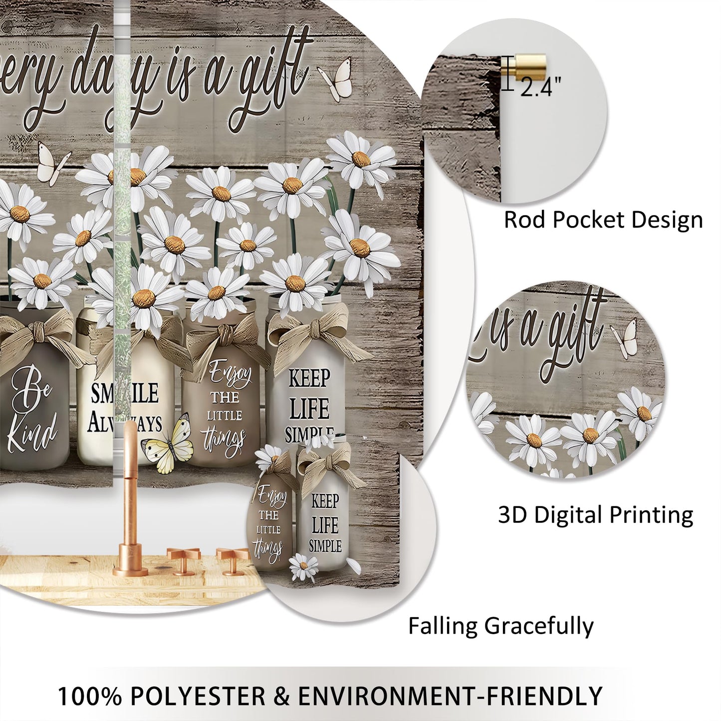 Laifzere Farmhouse Floral Kitchen Curtains Daisy Rustic Vintage Flower Inspirational Small Short Cafe Window Curtains Wooden Country Quotes Bathroom Tier Window Treatment Drapes (27.5x39 Inch)