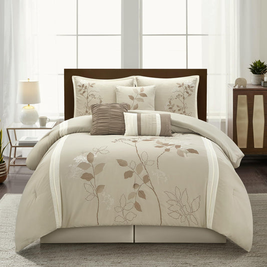 Stratford Park Beige Comforter Set Queen Size, 7 Piece Embroidery Bedding Set, Pillow Sham, Bedskirt, Decorative Pillow, Floral Comforters, Home Decor
