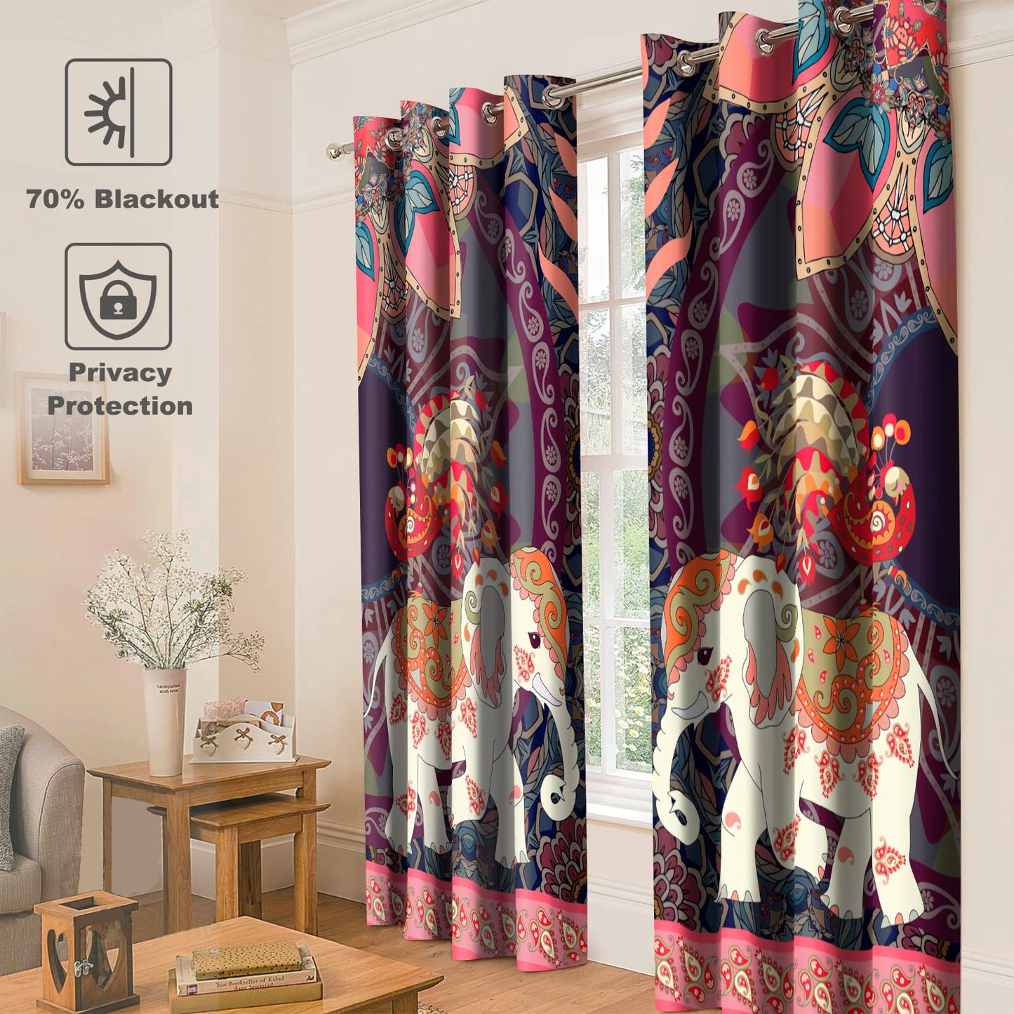 Jekeno Boho Elephant Blackout Curtains Bohemian Animal Peacock Mandala Flower Pattern Print Decor Bedroom Living Room Darkening Grommet Window Drapes 2 Panels Set, 52" x 84"