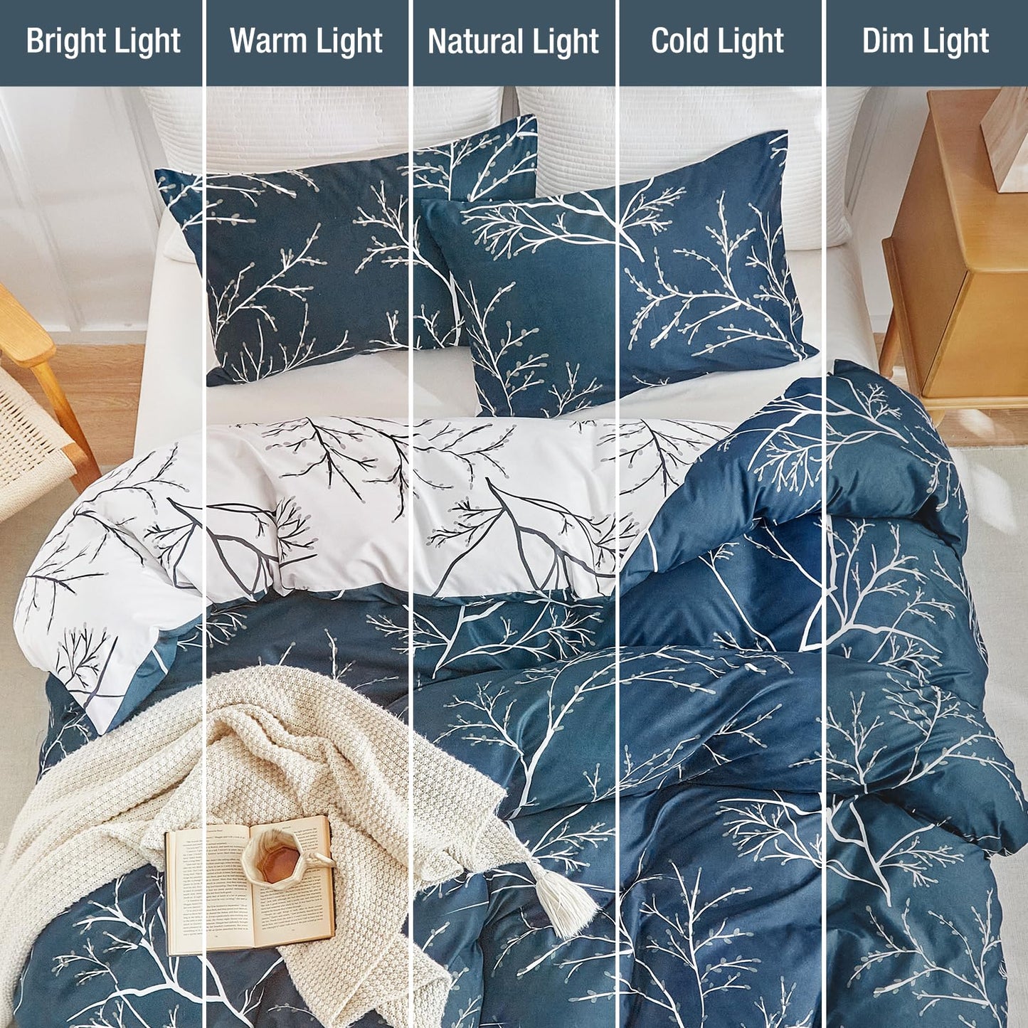 Lekesky Reversible Duvet Cover King Size, Dark Blue White Thin Branch Duvet Cover King 3pc Ultra Soft Microfiber Breathable Stylish Bedding Set with Zipper Ties