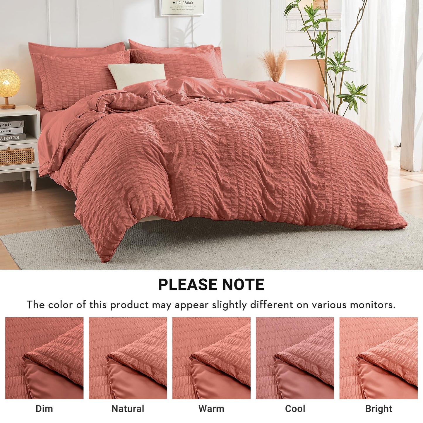 HYMOKEGE Coral Twin Comforter Set Seersucker 5 Pieces, All Season Luxury Bed in a Bag for Bedroom, Bedding Set with Comforter, Sheets, Pillowcase & Sham