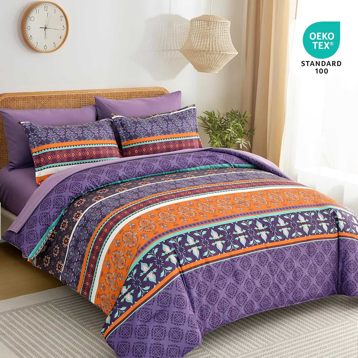 WONGS BEDDING Boho Comforter Set King Size,7 Pieces Bohemian Striped Bedding Comforter Set Bed in a Bag,Purple Paisley Floral Comfortet and Sheet Set,Soft Microfiber Bedding Sets for All Season