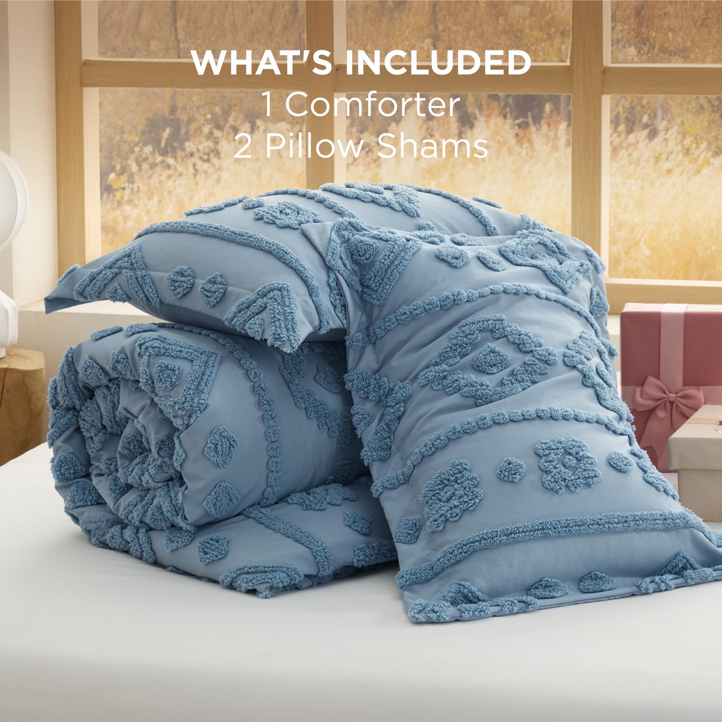 Bedsure Boho Tufted Blue Comforter King Size, GentleSoft™ 3 Pieces Boho Farmhouse-Style Decor Bedding, Exquisite Bedding for All Seasons, 1 Bed Comforter, 2 Pillow Shams, 104x90 Inches