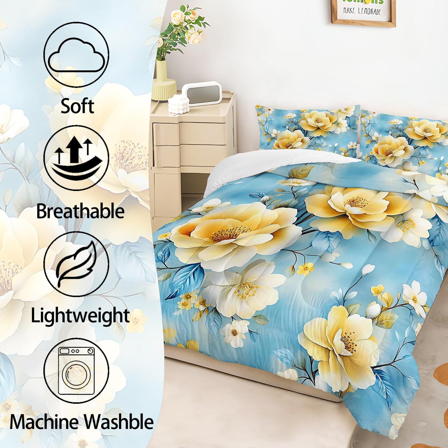 AILONEN Twin Comforter Set 3 Piece, Golden Blossom Bedding with 2 Pillowcases, Blue Floral Cover for Kids Dorm Room