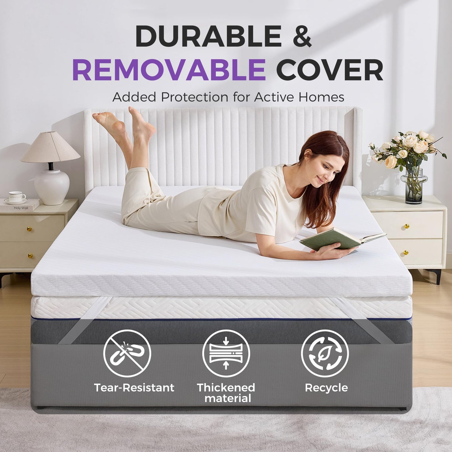 BDEUS Twin Size 2 Inch Gel Memory Foam Mattress Topper with Removable Cover, Ventilated Cooling Foam, Supportive Pressure Relief Bed Topper, CertiPUR-US Certified