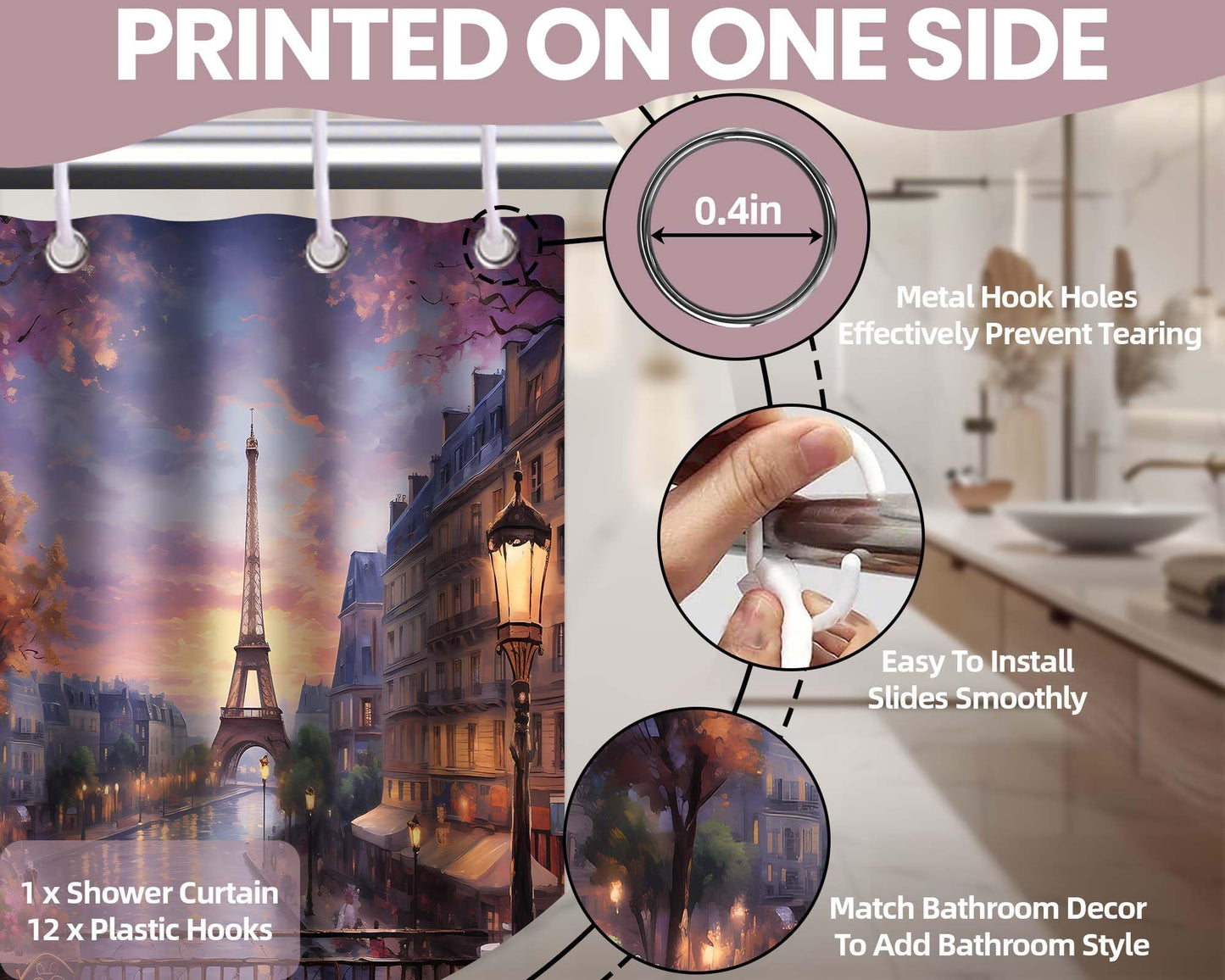 Lvetong Vintage Paris Shower Curtain, 70" W x 72" L