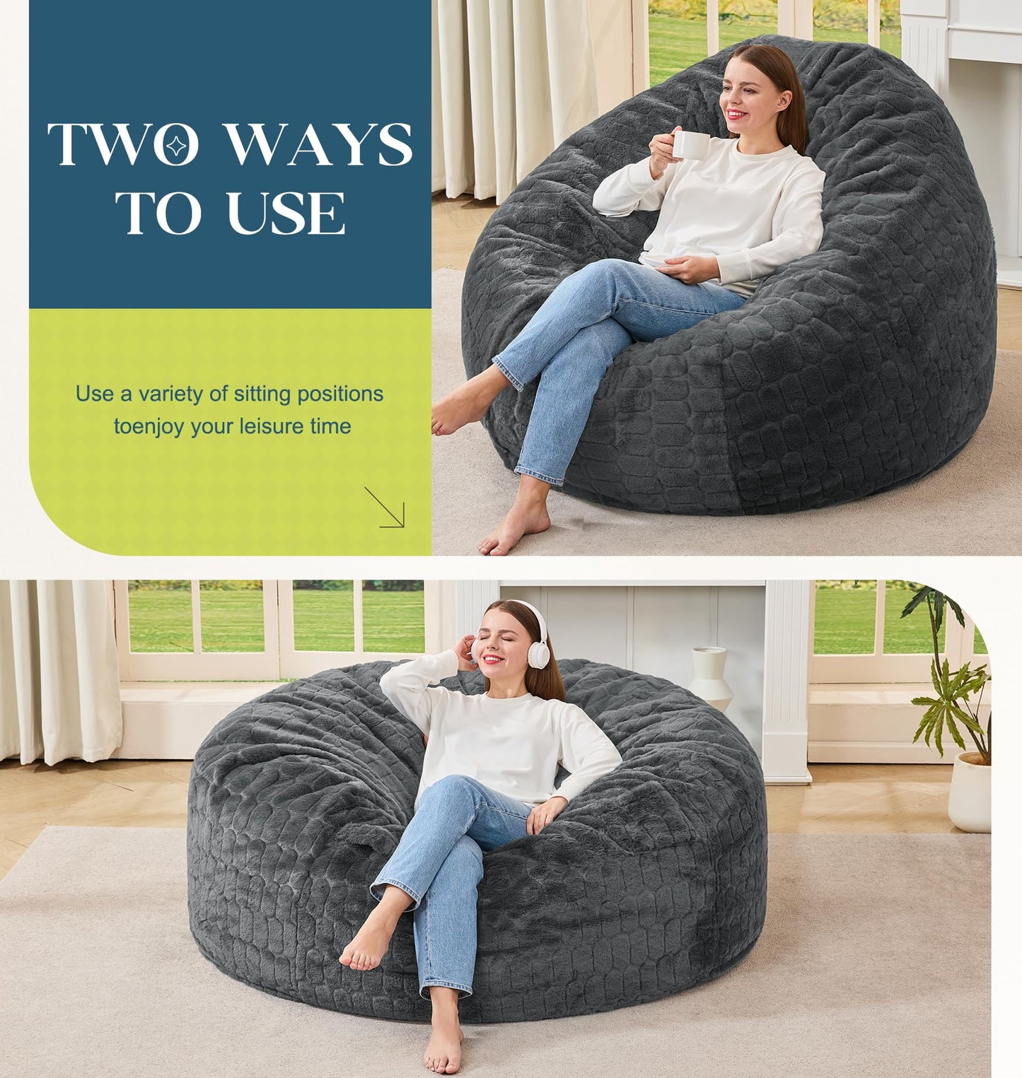 Hobestluk Bean Bag Chairs Adult Bean Bags with Fluffy Cover, Large Beanbag Chair with Filler Giant Bean Bag Chairs for Adults for Living Room, Bedroom (Dark Grey, 5FT - 50” x 50” x 24”)