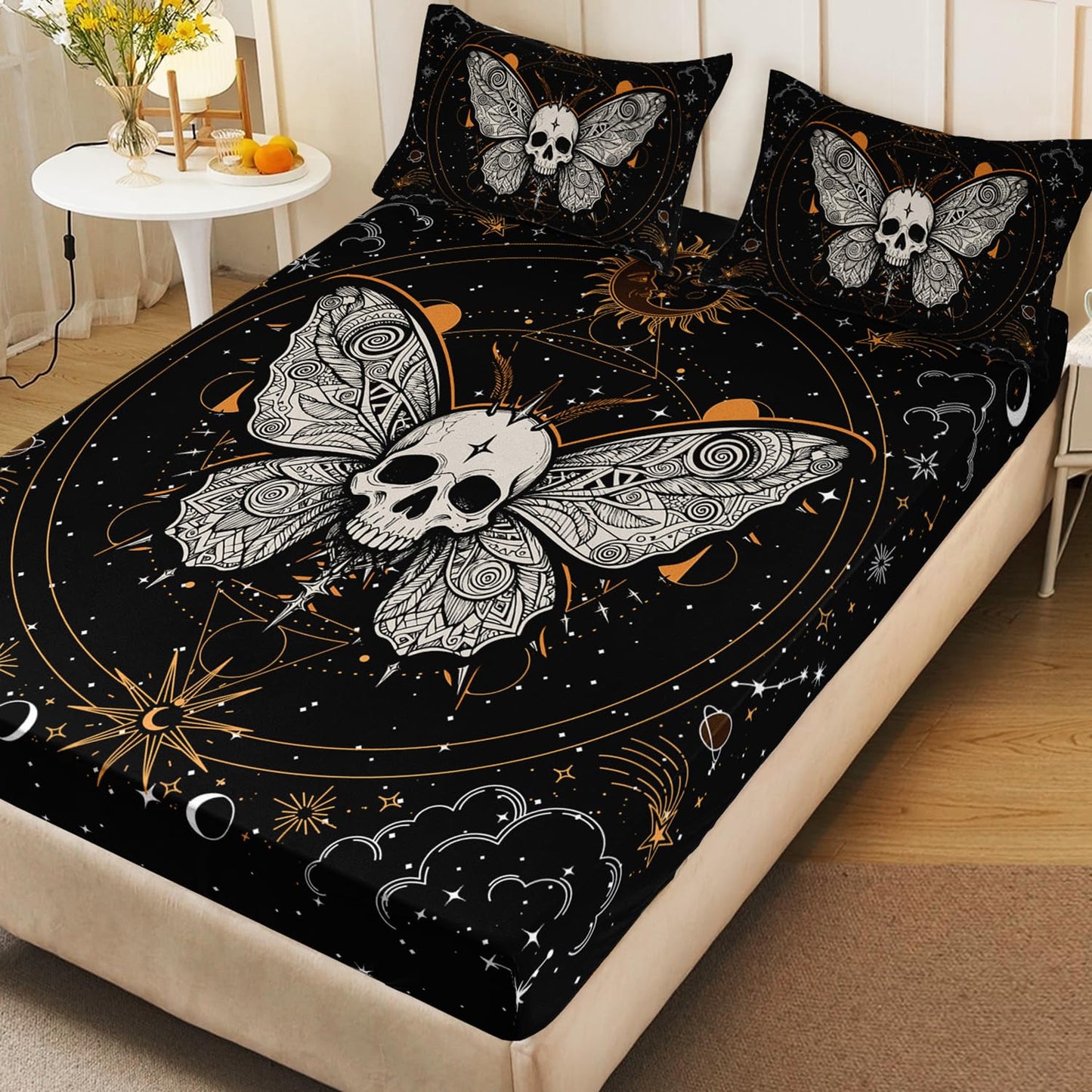HOSIMA Butterfly Bedding Set for Girls Bedroom Set,Gothic Decor Twin Fitted Sheet Skull Boho Sun and Moon Pattern Queen Size,1 Sheet+2 Pillowcases. Yellow-a Full 55''*75''